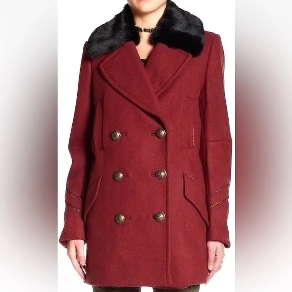 FREE PEOPLE SEDGWICK Red Wool Military Peacoat Double Breasted Fur Collar Sz.XS